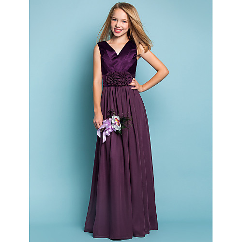 

Sheath / Column V Neck Floor Length Chiffon Junior Bridesmaid Dress with Flower / Spring / Summer / Fall / Apple / Hourglass