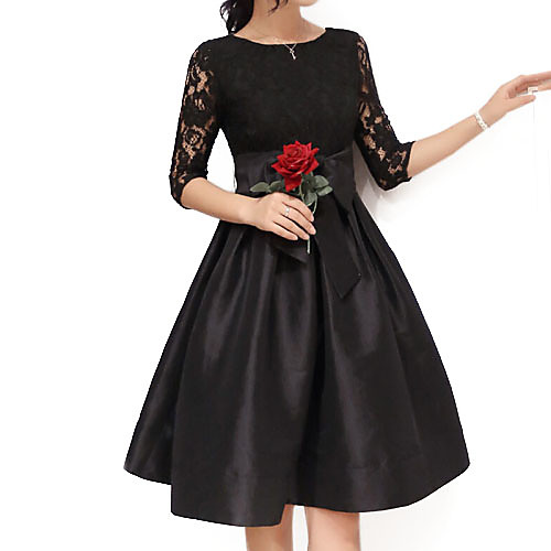 

Women's Skater Short Mini Dress Black Red Half Sleeve Black Solid Colored Bow Round Neck Sophisticated Cotton Lace S M L XL XXL 3XL / Plus Size
