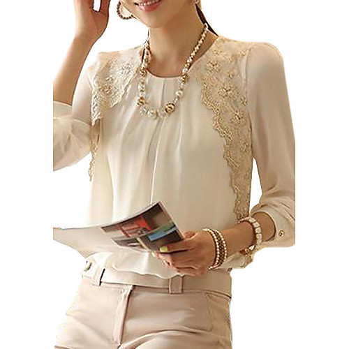 

Women's Solid Colored Lace Ruched Blouse Basic Formal Work Weekend Crew Neck White