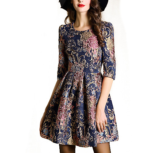 

Shift Dress Rainbow Blue Jacquard Flower Fall Round Neck