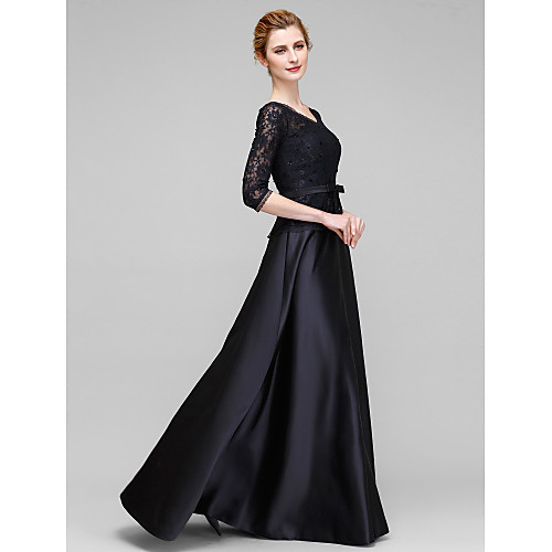 

A-Line Mother of the Bride Dress Open Back V Neck Floor Length Lace Satin Half Sleeve with Lace Bow(s) 2021