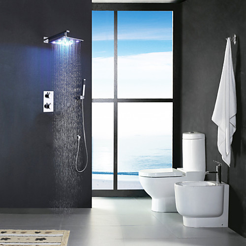 

Shower Faucet Set - Handshower Included Thermostatic LED Contemporary Chrome Wall Mounted Brass Valve Bath Shower Mixer Taps