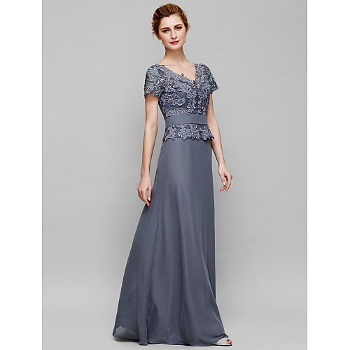 

Sheath / Column Mother of the Bride Dress Elegant V Neck Floor Length Chiffon Lace Short Sleeve with Lace 2021