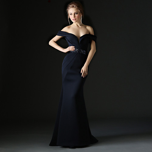 

Mermaid / Trumpet Formal Evening Dress Off Shoulder Sleeveless Sweep / Brush Train Polyester with Sash / Ribbon Beading 2021