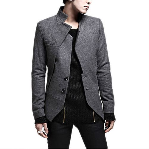 

Black / Gray Solid Colored Slim Cotton / Polyester Men's Suit - Stand Collar / Fall / Long Sleeve