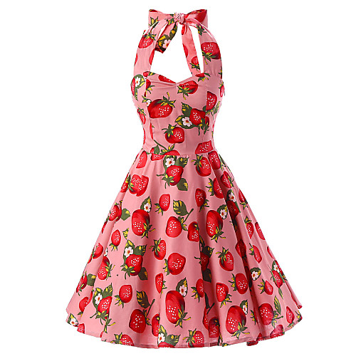 

Women's A Line Dress Knee Length Dress Pink Sleeveless Floral Bow Halter Neck Vintage Cotton S M L XL XXL