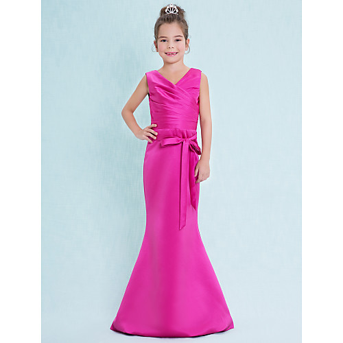 

Mermaid / Trumpet V Neck Floor Length Satin Junior Bridesmaid Dress with Criss Cross / Natural