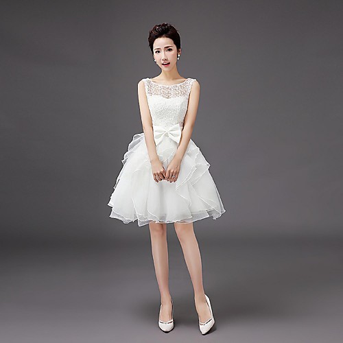 

A-Line Scoop Neck Knee Length Organza Bridesmaid Dress with Bow(s)