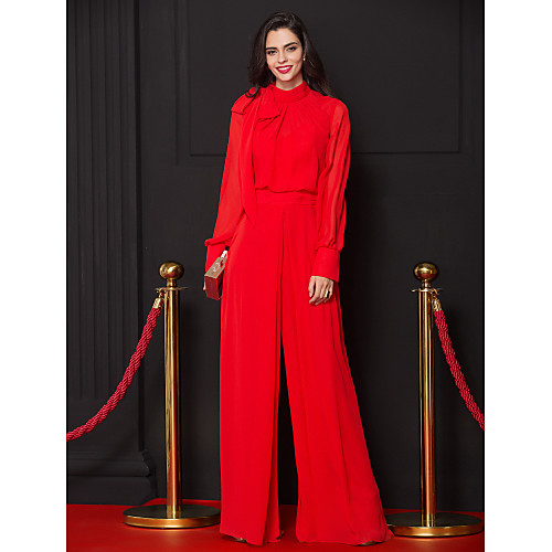 

Jumpsuits Sheath / Column Celebrity Style Prom Formal Evening Dress High Neck Long Sleeve Floor Length Chiffon with Bow(s) Pleats Draping 2021