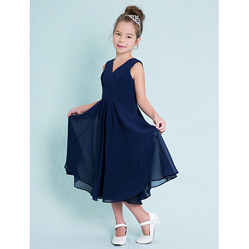 

A-Line V Neck Tea Length Chiffon Junior Bridesmaid Dress with Criss Cross / Ruched / Natural