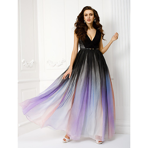

A-Line Formal Evening Dress V Neck Sleeveless Floor Length Chiffon with Sash / Ribbon 2021