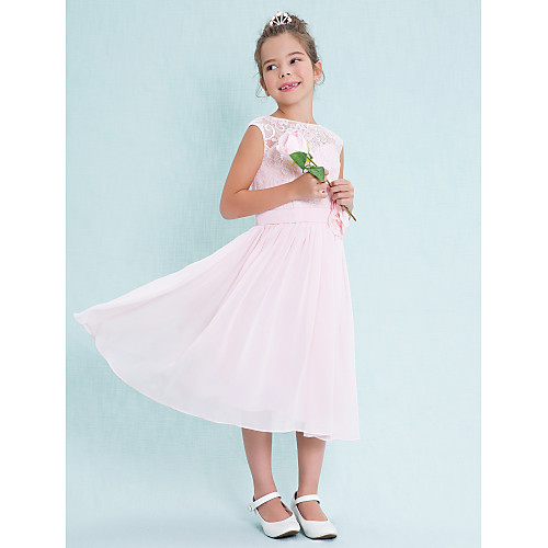 

A-Line Scoop Neck Tea Length Chiffon / Lace Junior Bridesmaid Dress with Lace / Flower / Natural