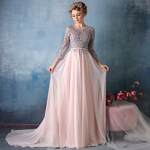 

A-Line Empire Engagement Formal Evening Dress Jewel Neck Long Sleeve Chapel Train Satin Chiffon Sheer Lace with Pleats Lace Insert 2021