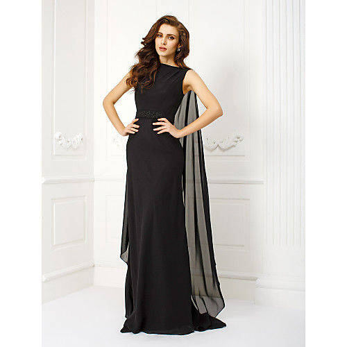 

Sheath / Column Elegant Holiday Cocktail Party Formal Evening Dress Bateau Neck Boat Neck Sleeveless Watteau Train Chiffon with Sash / Ribbon Beading 2021