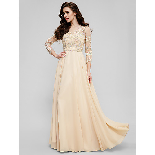 

A-Line Prom Formal Evening Dress Illusion Neck 3/4 Length Sleeve Floor Length Satin Chiffon with Beading Appliques 2021