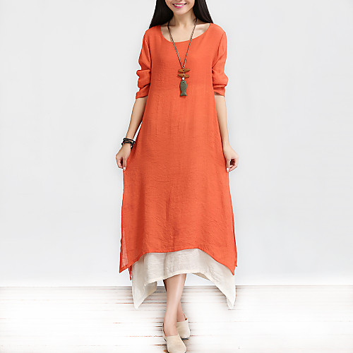 

Women's A Line Dress Maxi long Dress Army Green Dark Gray Orange Long Sleeve Solid Colored Layered Fall Spring Round Neck Chinoiserie Cotton M L XL XXL