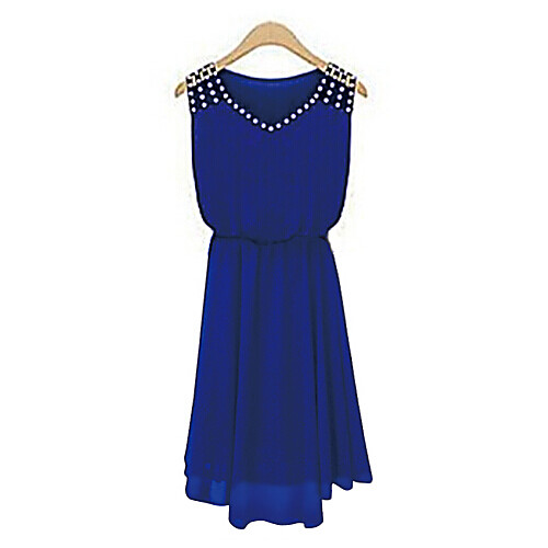 

Women's Chiffon Dress Short Mini Dress Black Blue Sleeveless Blue Solid Colored Beaded Summer V Neck S M L XL XXL
