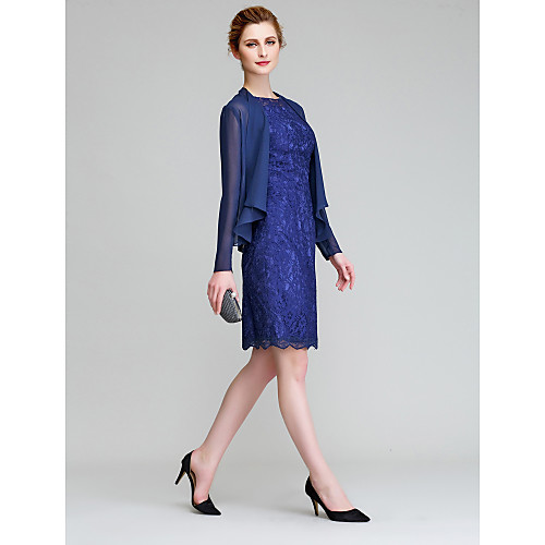 

Sheath / Column Mother of the Bride Dress Convertible Dress Bateau Neck Knee Length Chiffon Lace Long Sleeve with Lace 2021