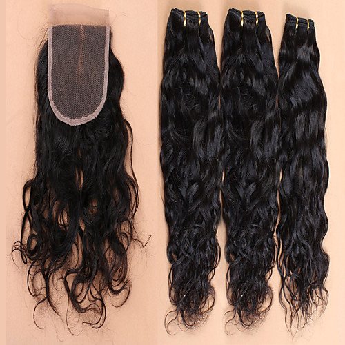 

3 Bundles with Closure Brazilian Hair Virgin Human Hair 350 g Hair Weft with Closure 10-28 inch Human Hair Weaves Human Hair Extensions