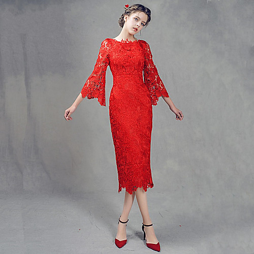 

Sheath / Column Cocktail Party Prom Dress Jewel Neck Long Sleeve Tea Length Lace with Lace 2021