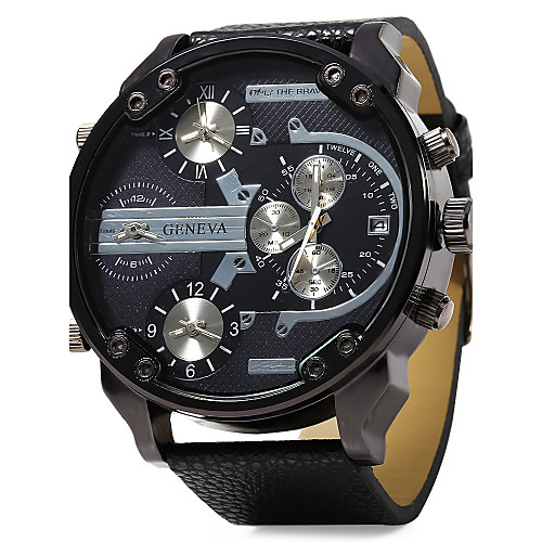 

Men's Military Watch Wrist Watch Quartz Oversized Leather Black Dual Time Zones Three Time Zones Analog Luxury - Red Orange Blue One Year Battery Life / SSUO LR626