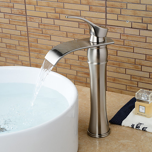 

Bathroom Sink Faucet - Waterfall Simple Silver Nickel Brushed Vessel Single Handle One HoleBath Taps