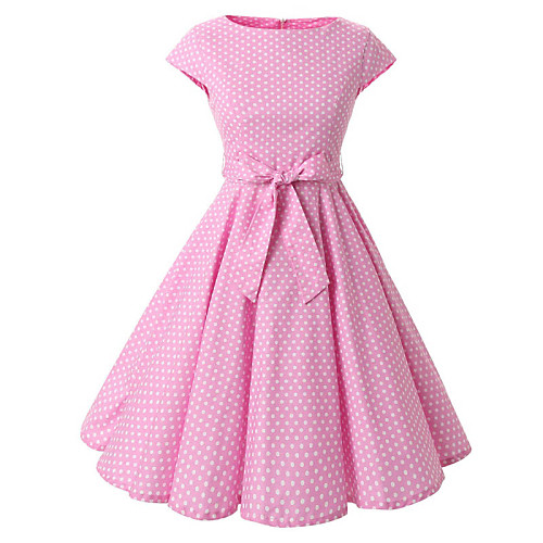 

Women's A Line Dress Knee Length Dress Black Red Pink Short Sleeve Polka Dot Print Boat Neck Vintage Cotton S M L XL XXL