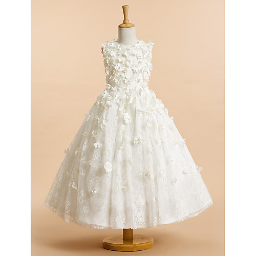 

A-Line Tea Length Wedding / First Communion Flower Girl Dresses - Lace Sleeveless Jewel Neck with Flower