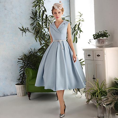 

A-Line Elegant Vintage Inspired Cocktail Party Prom Dress V Neck Sleeveless Tea Length Spandex with Sash / Ribbon 2021