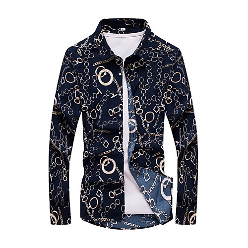 

Men's Shirt Geometric Print Long Sleeve Daily Tops Vintage Navy Blue