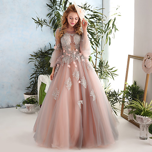 

Ball Gown Luxurious Floral Formal Evening Dress Jewel Neck Long Sleeve Floor Length Lace Tulle with Lace Beading Pattern / Print 2021