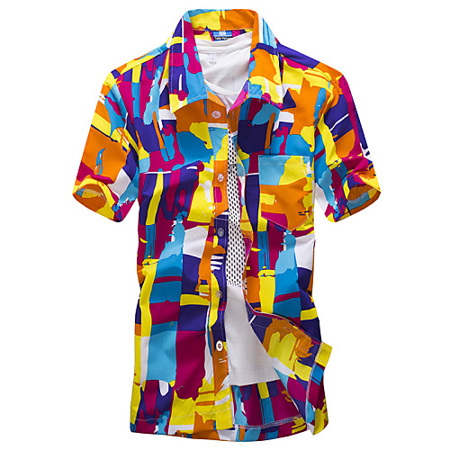 

Men's Shirt Geometric Flower Print Short Sleeve Daily Tops Boho Orange Green