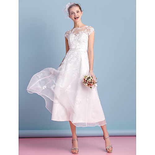 

A-Line Wedding Dresses Bateau Neck Tea Length Organza Cap Sleeve Simple Casual Illusion Detail with Bowknot Lace Sash / Ribbon 2021