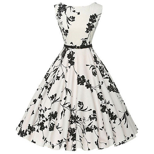 

Women's A Line Dress Knee Length Dress White Sleeveless Floral Print Round Neck Vintage Cotton S M L XL XXL