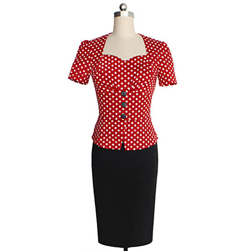 

Women's Bodycon Knee Length Dress Red Blue Short Sleeve Polka Dot Fall Spring Sweetheart Neckline Vintage Cotton S M L XL XXL