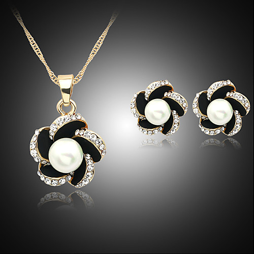 

Women's Pearl Jewelry Set Necklace / Earrings Flower Ladies Pearl Imitation Pearl Rhinestone Earrings Jewelry Black / Navy / Blue For Wedding Party Daily / Silver Plated