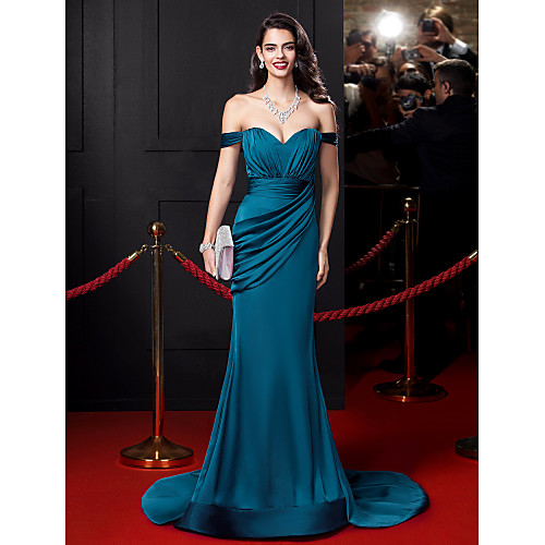 

Mermaid / Trumpet Sexy Engagement Formal Evening Dress Off Shoulder Sleeveless Court Train Satin Chiffon with Ruched Draping 2021
