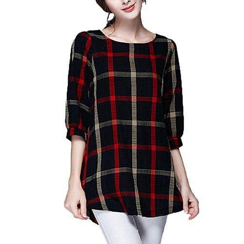 

Women's Blouse Plaid Check Racerback Round Neck Tops Streetwear Basic Top Black