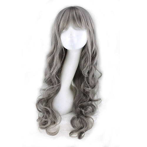 

Synthetic Wig Curly Deep Wave Deep Wave Asymmetrical With Bangs Wig Long Grey Synthetic Hair Women's Natural Hairline Gray