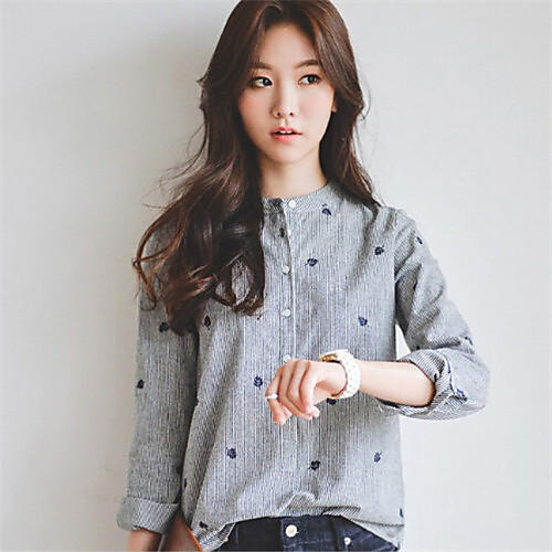 

Women's Shirt Embroidered Long Sleeve Daily Tops Cotton Gray