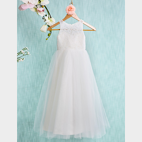 

A-Line Ankle Length Wedding / First Communion Flower Girl Dresses - Lace / Tulle Sleeveless Jewel Neck with Lace / Pleats