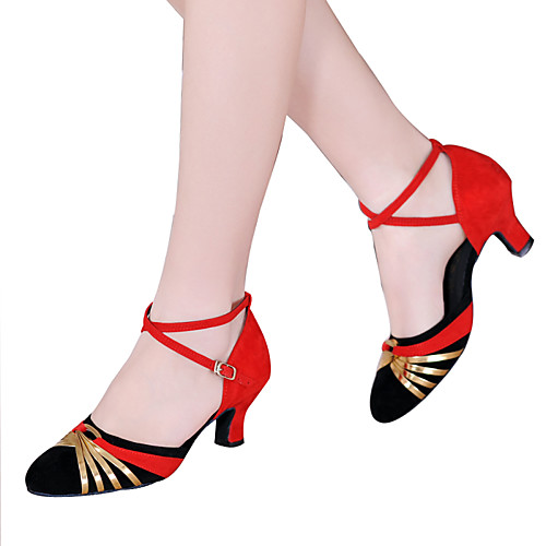 

Women's Latin Shoes Ballroom Shoes Sandal Heel Sparkling Glitter Ruched Cuban Heel Black and Red Black and Sliver Black and Gold Buckle