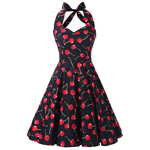 

Women's A Line Dress Knee Length Dress Black Sleeveless Cherry Fruit Print Halter Neck Vintage Cotton S M L XL XXL