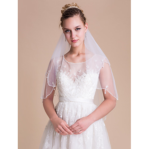

Two-tier Scalloped Edge / Pearl Trim Edge Wedding Veil Elbow Veils with Pearl / Beading / Sequin Tulle