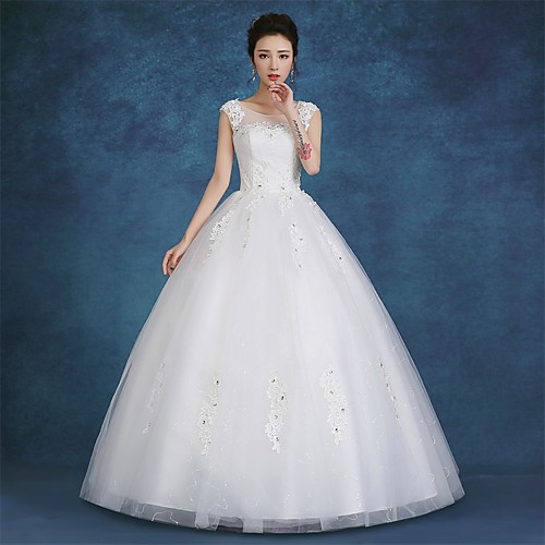 

Ball Gown Wedding Dresses Scoop Neck Floor Length Satin Tulle Cap Sleeve Romantic See-Through Backless with Lace 2021