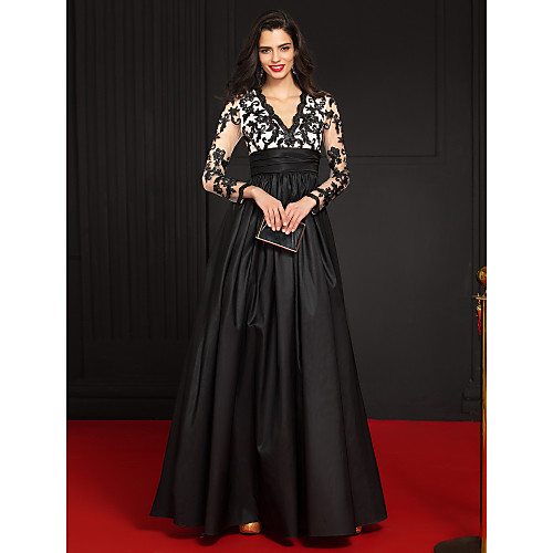 

A-Line Elegant Wedding Guest Formal Evening Dress V Neck Long Sleeve Floor Length Taffeta Floral Lace with Lace Insert Embroidery Appliques 2021