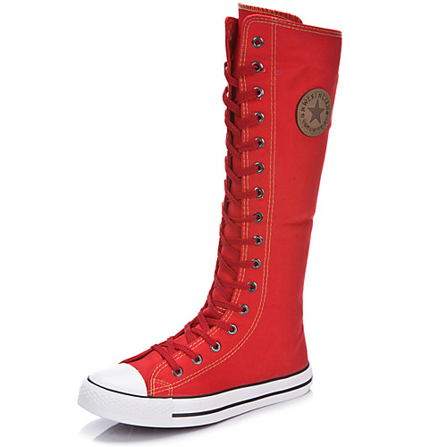 

Women's Boots Knee High Boots Flat Heel Round Toe / Closed Toe Zipper / Lace-up Canvas Knee High Boots Fashion Boots Spring / Summer Red / White / Black