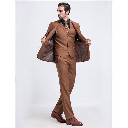 

Khaki Solid Colored Tailored Fit Serge Suit - Notch Single Breasted One-button / Suits