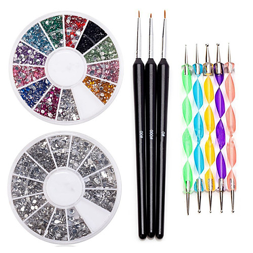 

premium manicure 12 colors gemstones wheel fine detail wooden nailart brushes and double ended dotting marbling