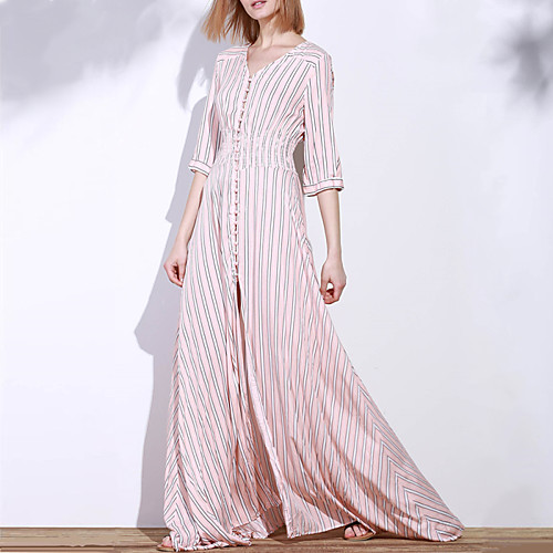 

Women's Swing Dress Maxi long Dress Pink Dusty Rose Striped Split Fall V Neck Streetwear Fine Stripe S M L XL